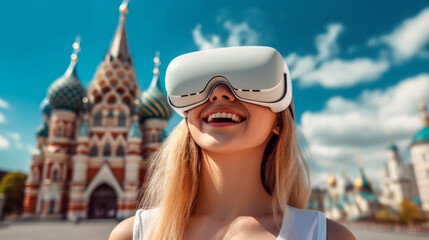 VR glasses, virtual reality glasses, goggles, content and happy, young adult woman enjoys a virtual reality travel vacation, fictional place