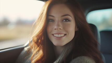 young adult  woman is a passenger in a car, sits in the car, journey or drive home or vacation or road trip, young woman, 20s,  fictional place,