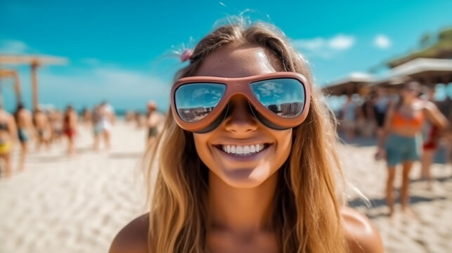 VR glasses, virtual reality glasses, goggles, content and happy, young adult woman enjoys a virtual reality travel vacation, fictional place