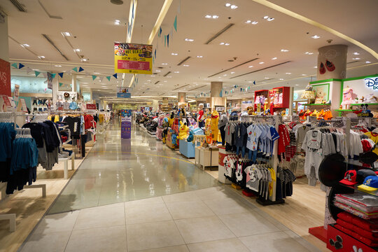 BANGKOK, THAILAND - CIRCA JANUARY, 2020: children's clothing displaed at Siam Paragon shopping mall in Bangkok.