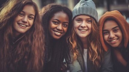 Obraz premium young teenagers, underage teenagers, outside in autumn clothes with hat and jacket, friends multicultural multiracial multiethnic, group or friends, classmates, schoolyard or fictional place