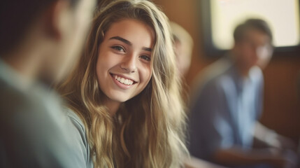 smile young teenager group sits in class room, girl, teen teenager teenagers