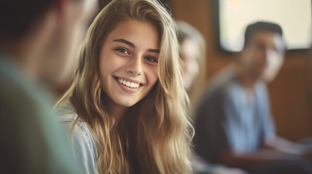 smile young teenager group sits in class room, girl, teen teenager teenagers