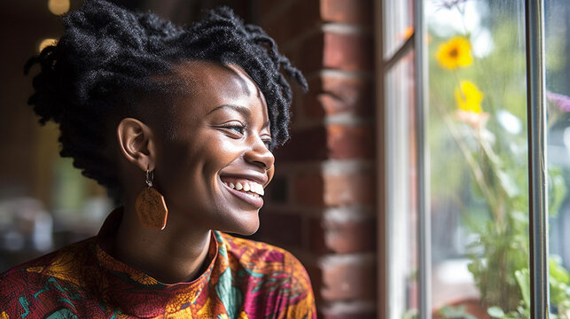 young adult african american or african black dark skinned woman with a smile and an updo wearing traditional colorful clothing indoor