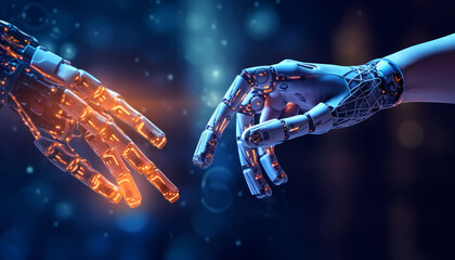 Obraz na płótnie Canvas Robotic AI hands touching