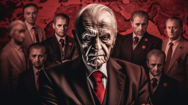 an all-important elite, conspiracy, conspiracy theory, abstract, in red tones with older gentlemen, men in suits and red ties in front of a world map, global influences