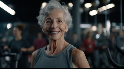 Fototapeta premium an elderly woman with gray hair does yoga sport or fitness with other people in group, blurred background, fictional place, gym or yoga room