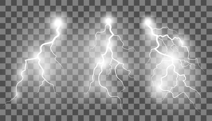 Set of lightning strike on transparent background