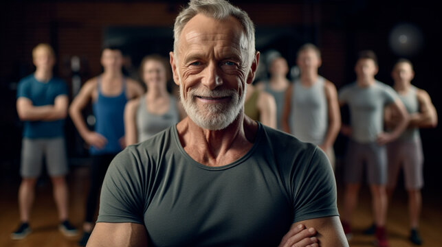 an elderly man with gray hair and full beard does yoga sport or fitness with other people in group, blurred background, fictional place, gym or yoga room