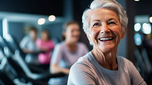 an elderly woman with gray hair does yoga sport or fitness with other people in group, blurred background, fictional place, gym or yoga room