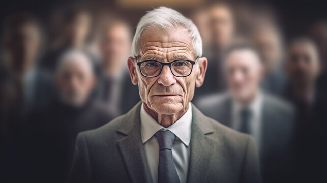 in a business suit, an old man, elderly man and in the background a group of old men, team group or company