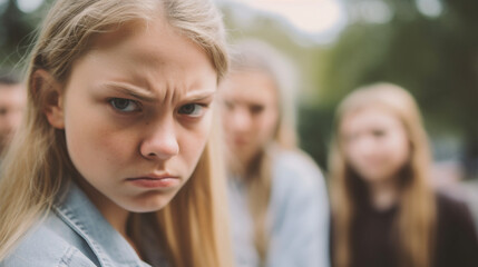 teenage girls and boys, bad mood anger and hate, bullying and being bullied, exclusion and exclusion from the group, upset and disappointed or arrogance or unfriendly loud behavior, teens with friends
