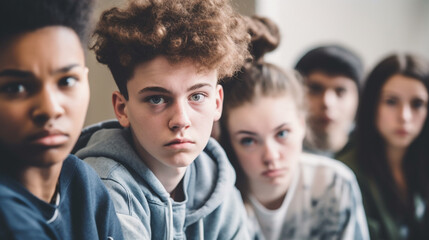 Fototapeta premium teenage girls and boys, bad mood anger and hate, upset and disappointed or arrogance or unfriendly loud behavior, teens with friends