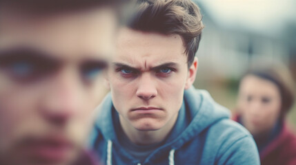 Fototapeta premium teenage girls and boys, bad mood anger and hate, upset and disappointed or arrogance or unfriendly loud behavior, teens with friends