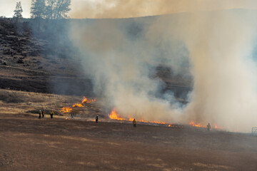 firefighters monitor a control burn in a large grass field in autumn