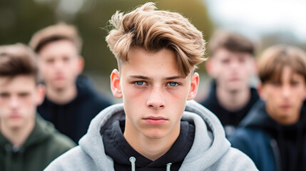 Fototapeta premium teenage girls and boys, bad mood anger and hate, upset and disappointed or arrogance or unfriendly loud behavior, teens with friends