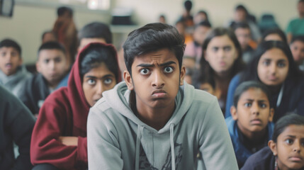 Obraz premium teenage girls and boys, bad mood anger and hate, upset and disappointed or arrogance or unfriendly loud behavior, teens with friends