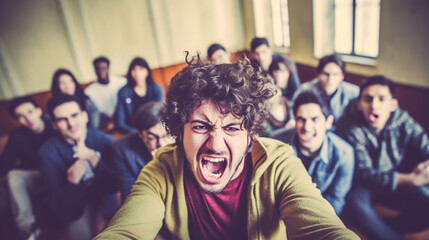 Fototapeta premium teenage girls and boys, bad mood anger and hate, upset and disappointed or arrogance or unfriendly loud behavior, teens with friends