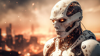 at war, robot humanoid android with artificial intelligence, fire and flames, suffering and destruction, war zone or end of the world and end of humanity or autonomous war weapon
