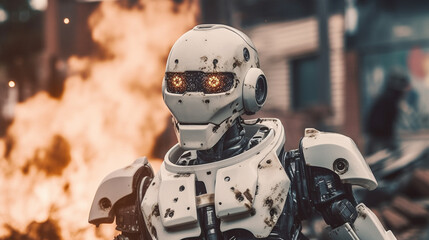 Obraz na płótnie Canvas at war, robot humanoid android with artificial intelligence, fire and flames, suffering and destruction, war zone or end of the world and end of humanity or autonomous war weapon