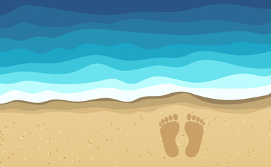 Sea water waves on beach with human footprint