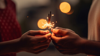 woman and man hands holding sparkling sparklers