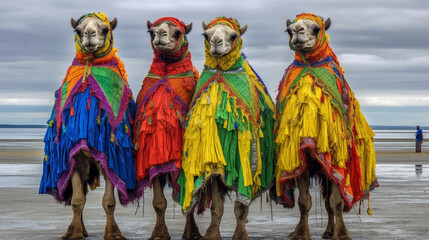 Fototapeta premium abstract camels with colorful cloths and elegant clothes, fictional place