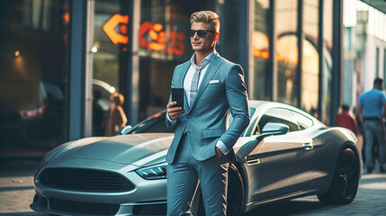young adult man wears suit, using smartphone, stands in front of sports car or electric car, luxurious and luxurious, successful businessman or wealthy rich man - obrazy, fototapety, plakaty
