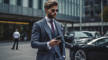 young adult man wears suit, using smartphone, stands in front of sports car or electric car,...