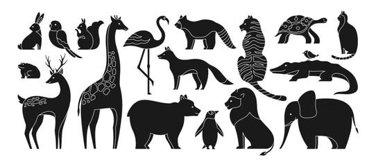 Animal engraving shape set. Cute parrot squirrel, frog, giraffe. Panda and bear penguin. Mammals animals characters for baby design. Deer cat turtle fox lion tiger vector print stamp jungle collection - obrazy, fototapety, plakaty