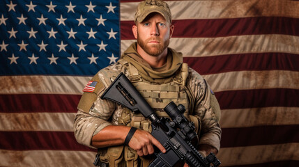 young adult man, standing in front of the american flag, flag, holding a gun as a weapon, patriotism as a patriotic citizen of the USA