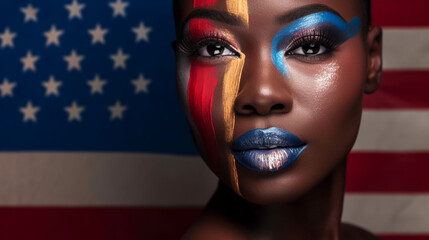 american flag, multiracial woman with flag