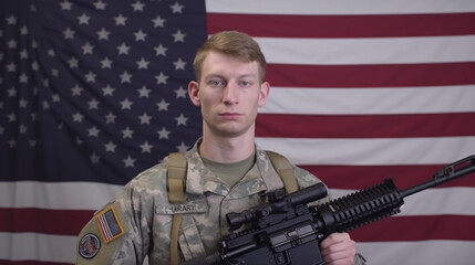 young adult man, standing in front of the american flag, flag, holding a gun as a weapon, patriotism as a patriotic citizen of the USA