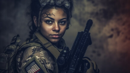 Fototapeta na wymiar american soldier with machine gun, fictitious abstract flag as a badge , USA, america, american, soldier weapon, a woman