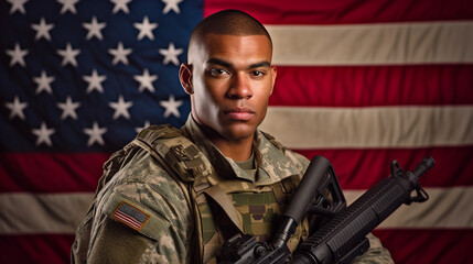 american soldier with machine gun stands in front of the american flag, flag usa, america, american, soldier weapon