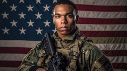 american soldier with machine gun stands in front of the american flag, flag usa, america, american, soldier weapon