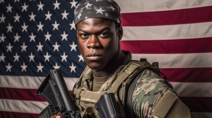 american soldier with machine gun stands in front of the american flag, flag usa, america, american, soldier weapon