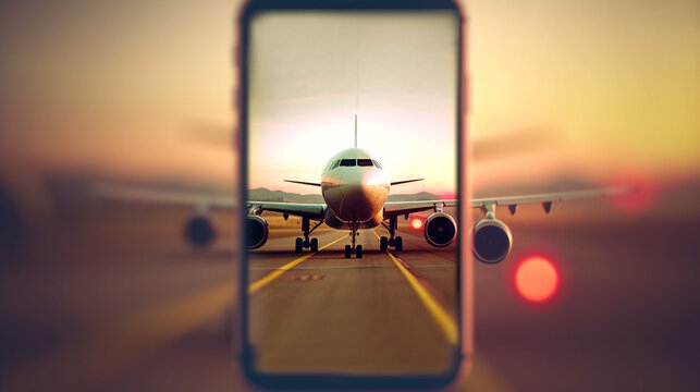 an airplane lands or takes off on the runway at the airport, mobile phone smartphone photo capture on the screen,