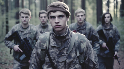 Fototapeta premium squad of soldiers in uniform with machine guns, men, fictional, resistance fighters or rebels of a rebellion or uprising or radical