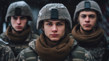 Fototapeta premium adolescent boys or young adult men, soldiers in soldier's uniform with helmet and scarf, in winter with snow, snowflakes, group or troop, fictitious place