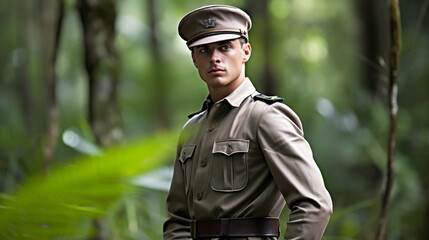 vintage retro past, soldier in jungle or forest