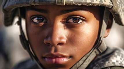 teen boy or young adult man, soldier in soldier uniform with hat, african man or african american soldier, fictional location