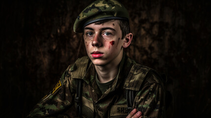 Fototapeta premium squad of soldiers in uniform with machine guns, men, fictional, resistance fighters or rebels of a rebellion or uprising or radical