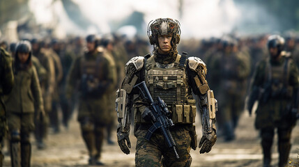 Naklejka premium cyborg transhumanism have prisoners of war soldiers in uniform, machines and robots, artificial intelligence in war