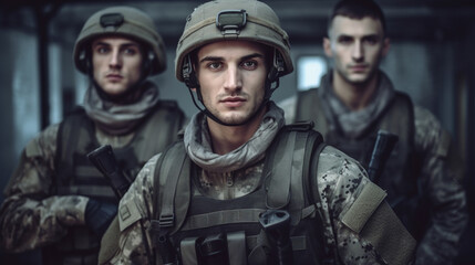 Soldiers patrol through the city in a office or building, soldiers in uniform with machine guns