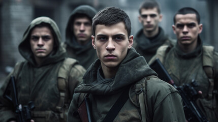 Fototapeta premium squad of soldiers in uniform with machine guns, men, fictional, resistance fighters or rebels of a rebellion or uprising or radical