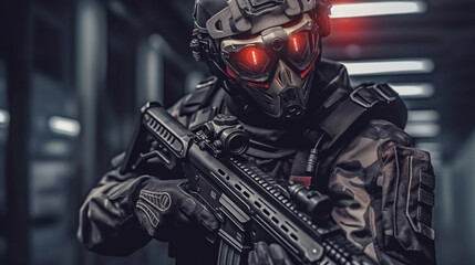 a soldier of a fictitious army, military, in a combat suit with a combat helmet and a computer-aided visor in the glass of the helmet, artificial intelligence