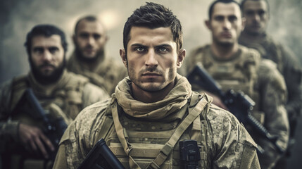 mercenaries or soldiers or park rangers in green uniform with helmet, fictional place