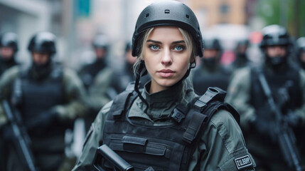 Fototapeta premium police officers in full gear and uniform with safety protective gear and bulletproof vests in a team and squad than a dozen police officers, in a city on a street
