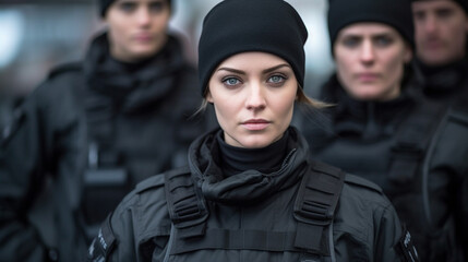 special police or army unit in black clothes and partially masked, caucasian woman, fictional location, secret agents or police officers, body armor, young adult woman - obrazy, fototapety, plakaty
